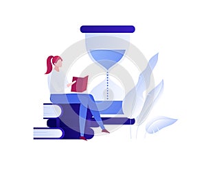 Vector modern flat education illustration. Female sitting reading book with hourglass symbols. Concept of way to knowledge