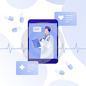 Vector modern flat online doctor illustration. Smartphone app with male doctor, pills and heart on white background. Design for