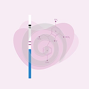 Vector modern flat pregnancy banner. Pregnancy stick test, fluid heart shape and hcg hormone structure isolated on pink background