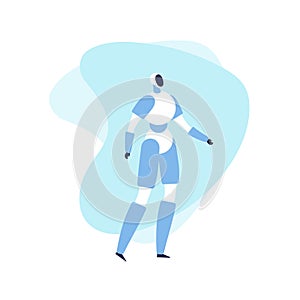 Vector modern flat robot banner template. White and blue standing android on fluid shapes background isolated on white. Design