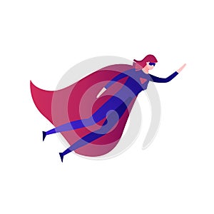 Vector modern flat superhero person illustration. Female in super hero suit with red cape flying isolated on white background.