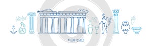 Vector modern illustration Travel to Greece. Parthenon, antique columns, vases in blue color. Basic RGB