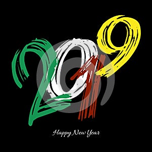 Vector modern minimalistic Happy new year card for 2019 with main big hand written style numbers - dark version