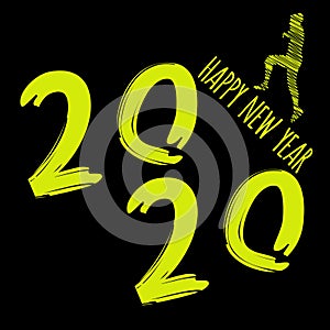 Vector modern minimalistic Happy new year card for 2020 with main big numbers and a runner - dark version with yellow letters