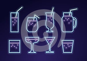 Vector modern neon light sparkling cocktail icon set. Blue glasses with pink straw symbol isolated on gradient background. Design