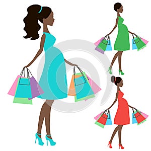 Vector of modern pregnant mommy e, online store, logo, silhouette, sale icon on white background,