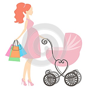 Vector modern pregnant mommy with pink vintage baby carriage, woman shopping online store, logo, silhouette,