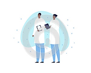 Vector modern scientist character illustration. Team of black skin male and female in white coat holding notepad on blue shape