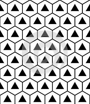 Vector modern seamless sacred geometry pattern hexagon triangles, black and white abstract