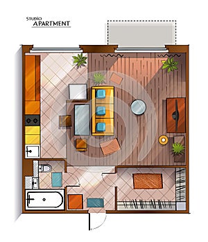 Vector modern studio apartment top view illustration