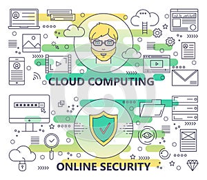 Vector modern thin line Cloud computing and Online security banners