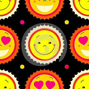 Vector modern yellow smiling from ear to ear fun happy sun sign.