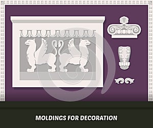 Vector molding elements for decoration. Classic molding on purple wall. Luxury wall design with moldings. Decorative bands and mod