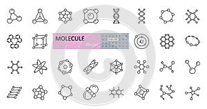 Vector molecule icons. Set of editable stroke icons. Molecule structure, chemical bonds, atom, scientific research, electron orbit