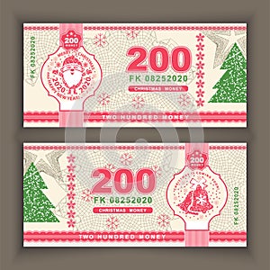 Vector money banknotes illustration with portrait of Santa Claus, bells. State currency. Back sides of money bills. Fake money.