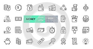 Vector money icons. Set of 29 images with editable stroke. Collection with dollars, euros, coins, bitcoin