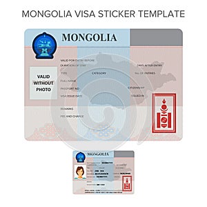 Vector Mongolia international passport visa sticker template in flat style