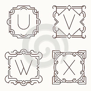 Vector mono line monograms. U, V, W, X.