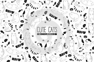 Vector monochrome background with pattern from black and white cute cats, fish bones, cat paws, pet food on white background. Cat