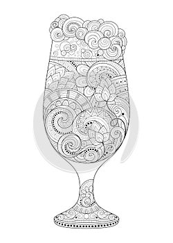 Vector Monochrome Contour Glass of Beer with Decorative Doodle Pattern