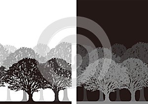 Vector Monochrome Daytime And Night Time Seamless Forest Silhouette Background Illustration Set With Text Space.