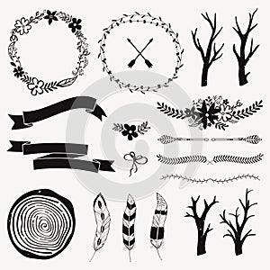 Vector monochrome decoration set with arrows, feathers, floral frames, borders, ribbons, branches.