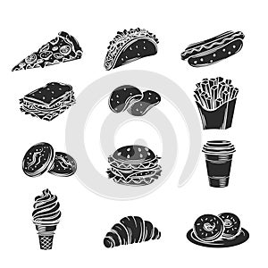 Vector monochrome decorative icons fast food.