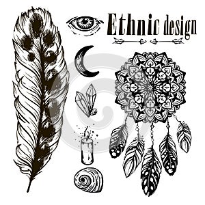 Vector monochrome ethnic set with crystals, borders.Templates for invitations, scrapbooking. Gypsy Love.Hippie design elements.Han