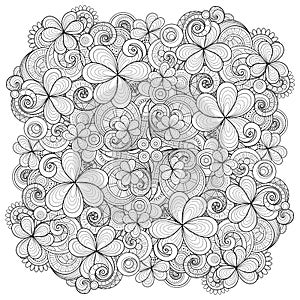 Vector Monochrome Floral Background. Hand Drawn Ornament with Decorative Clover and Coins
