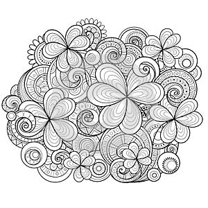 Vector Monochrome Floral Background. Hand Drawn Ornament with Decorative Clover and Coins