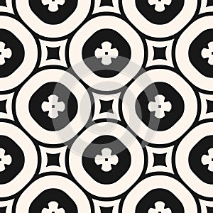 Vector monochrome floral seamless pattern. Luxury geometric background with big flower shapes, circles, squares, repeat tiles.