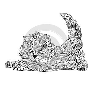 Vector monochrome hand drawn zentagle illustration of cat.