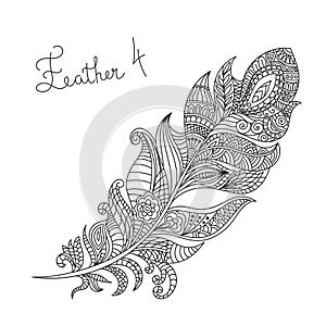 Vector monochrome hand drawn zentagle illustration of feather.