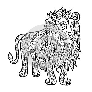 Vector monochrome hand drawn zentagle illustration of lion.