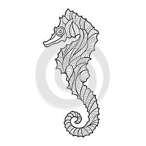 Vector monochrome hand drawn zentagle illustration of sea horse.