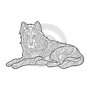 Vector monochrome hand drawn zentagle illustration of wolf.
