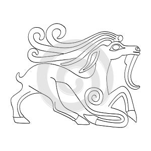 Vector monochrome icon with ancient Scythian art. Plaque with animal motifs