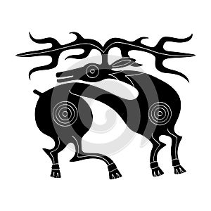 Vector monochrome icon with ancient Scythian art. Plaque with animal motifs