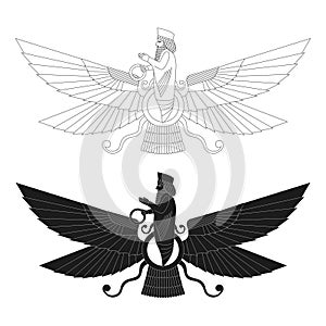 Vector monochrome icon with ancient  sumerian symbol Faravahar