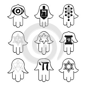 Vector monochrome icon set with  amulet Hamsa