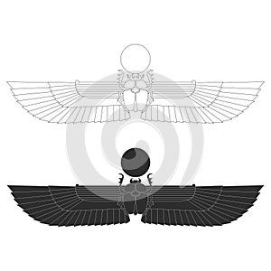 Vector monochrome icon set with ancient egyptian symbol Scarab Winged sun