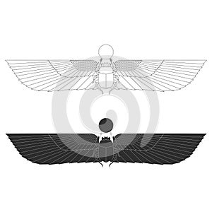 Vector monochrome icon set with ancient egyptian symbol Scarab Winged sun