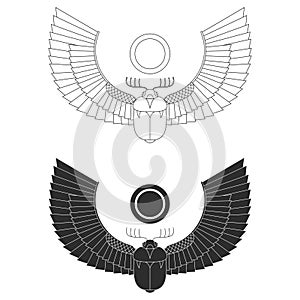 Vector monochrome icon set with ancient egyptian symbol Scarab Winged sun