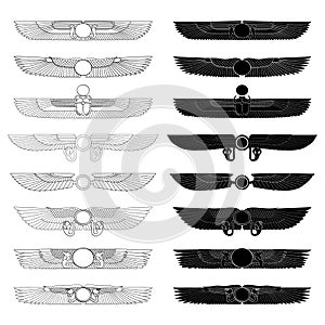 Vector monochrome icon set with ancient egyptian symbol Scarab Winged sun