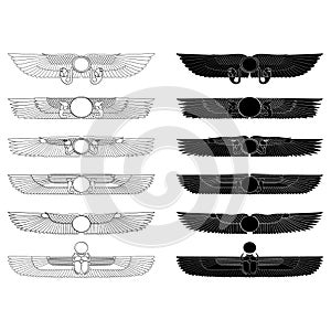 Vector monochrome icon set with ancient egyptian symbol Winged sun