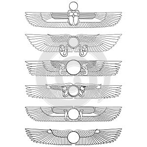 Vector monochrome icon set with ancient egyptian symbol Winged sun