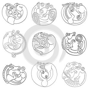 vector monochrome icon set with ancient Scythian art. Plaques with animal motifs