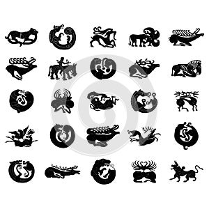 Vector monochrome icon set with ancient Scythian art. Plaques with animal motifs