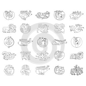 Vector monochrome icon set with ancient Scythian art. Plaques with animal motifs