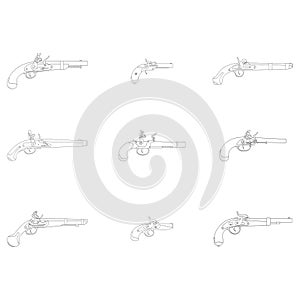 Vector monochrome icon set with old pistols